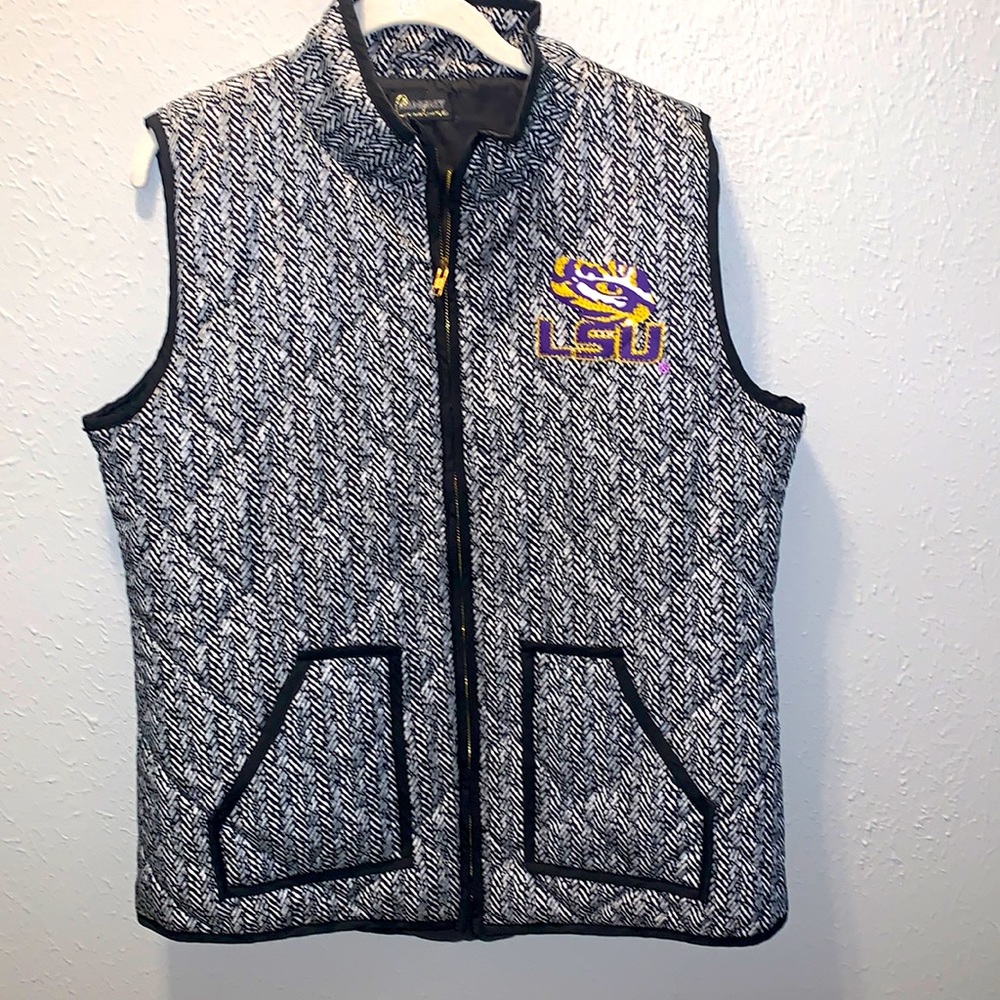 Game Day LSU Black Vest Jacket Tiger Eye Zips Front with Pockets Sz Large - XL